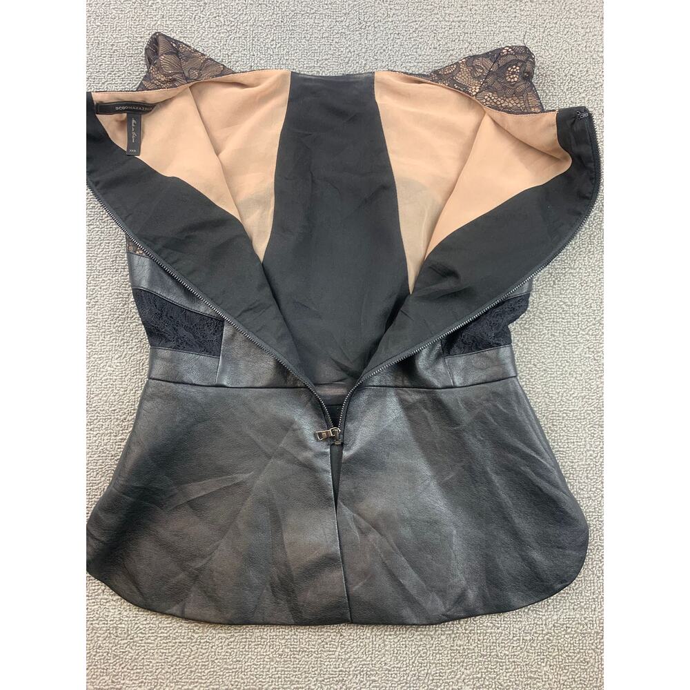 BCBGMAXAZRIA‎ Women XXS Faux Leather Black Lace Peplum Top - Picture 8 of 12